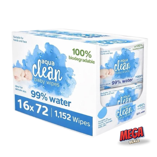 Aqua Clean Baby Wipes 16 x 72 Pack (1,152 Wipes) | 99% Water | Biodegradable | Sensitive Skin & Newborn Safe | Bulk Family Saver