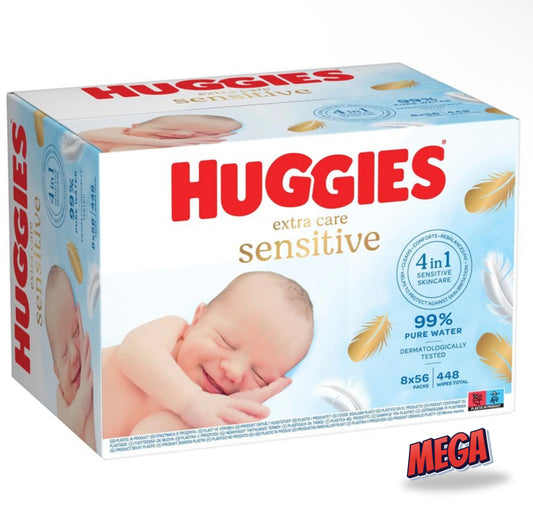 8x56 Huggies Extra Care Sensitive 99% Water Baby Wipes, Big Pack 448 Wipes
