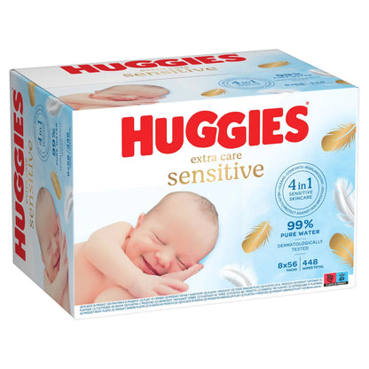 8x56 Huggies Extra Care Sensitive 99% Water Baby Wipes, Big Pack 448 Wipes