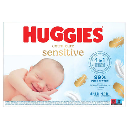 8x56 Huggies Extra Care Sensitive 99% Water Baby Wipes, Big Pack 448 Wipes