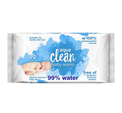 Aqua Clean Baby Wipes 16 x 72 Pack (1,152 Wipes) | 99% Water | Biodegradable | Sensitive Skin & Newborn Safe | Bulk Family Saver