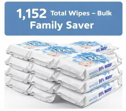 Aqua Clean Baby Wipes 16 x 72 Pack (1,152 Wipes) | 99% Water | Biodegradable | Sensitive Skin & Newborn Safe | Bulk Family Saver
