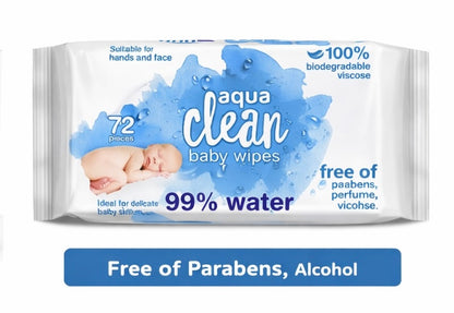 Aqua Clean Baby Wipes 16 x 72 Pack (1,152 Wipes) | 99% Water | Biodegradable | Sensitive Skin & Newborn Safe | Bulk Family Saver
